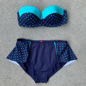 SPANX Polka Dot Bikini Top & Skirted Bottoms teal navy size 10